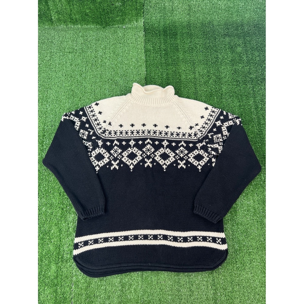 Eddie Bauer Mens Fair Isle Mock Neck Cotton Sweater Navy Blue Cream Size M